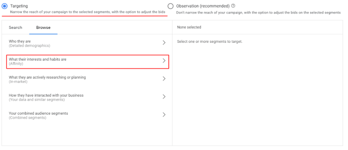 Using affinity in market audience segments on the gdn