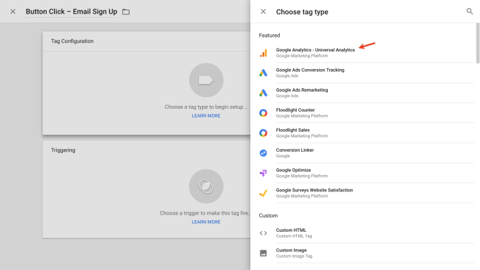 Google tag manager how to implement custom html tags on click listeners