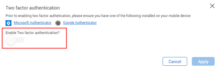 Two factor authentication setup