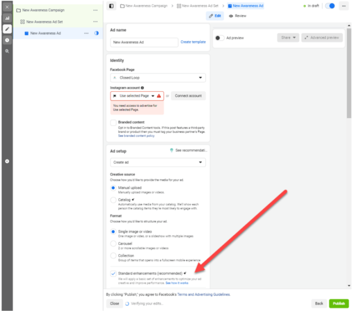 Standard enhancements for meta ads