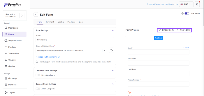 Using hubspot payment forms for transactions
