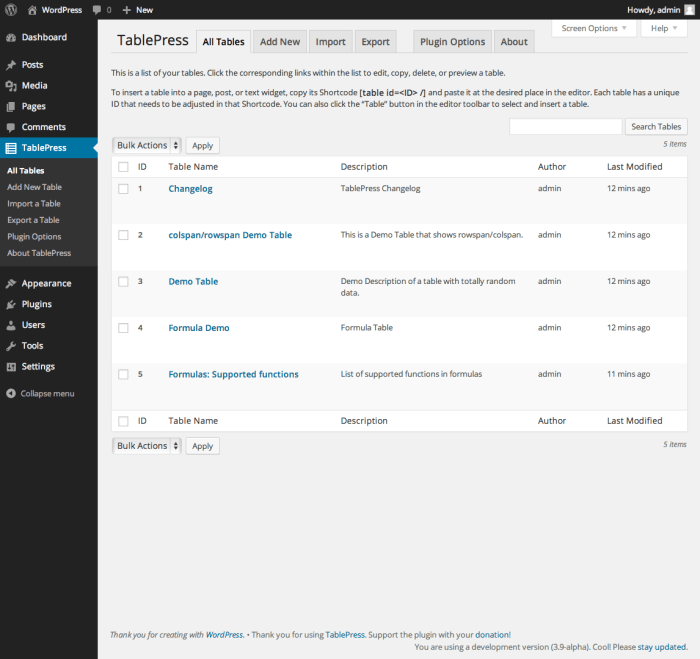 How to create tables in wordpress