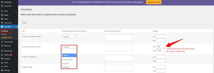 How to set a minimum word count for wordpress posts