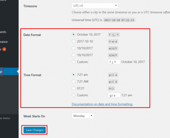 Wordpress quickly change the date and time format
