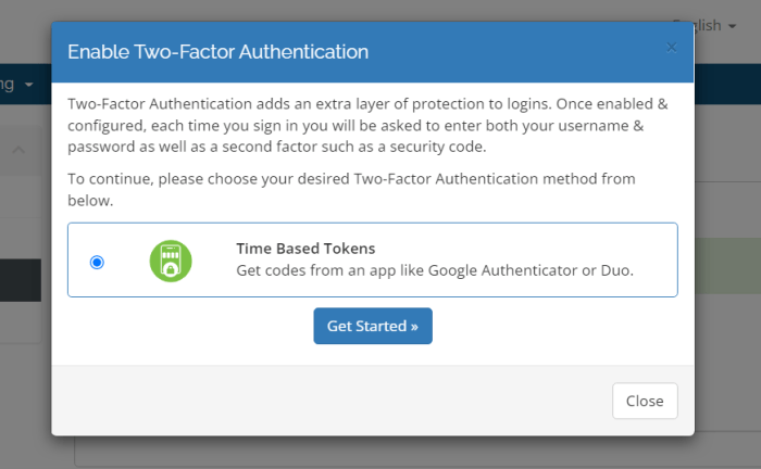 Two factor authentication setup