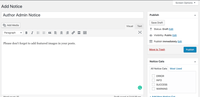 How to add a notification center in wordpress admin